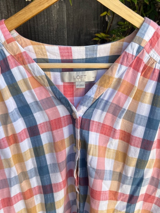 LOFT Plaid Short-Sleeve Button Blouse – Red, Blue, Yellow, Cream - Picture 2 of 2